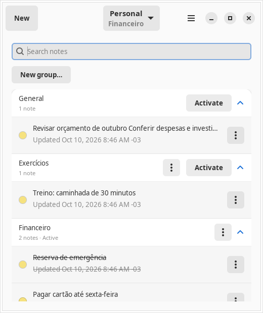 Pinleaf 0.8.0 panel with a Personal profile selector, expandable groups and an explicit Activate action.