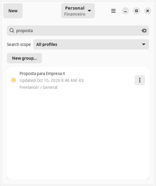 Pinleaf 0.8.0 search across all profiles, with profile and group paths identifying each result.